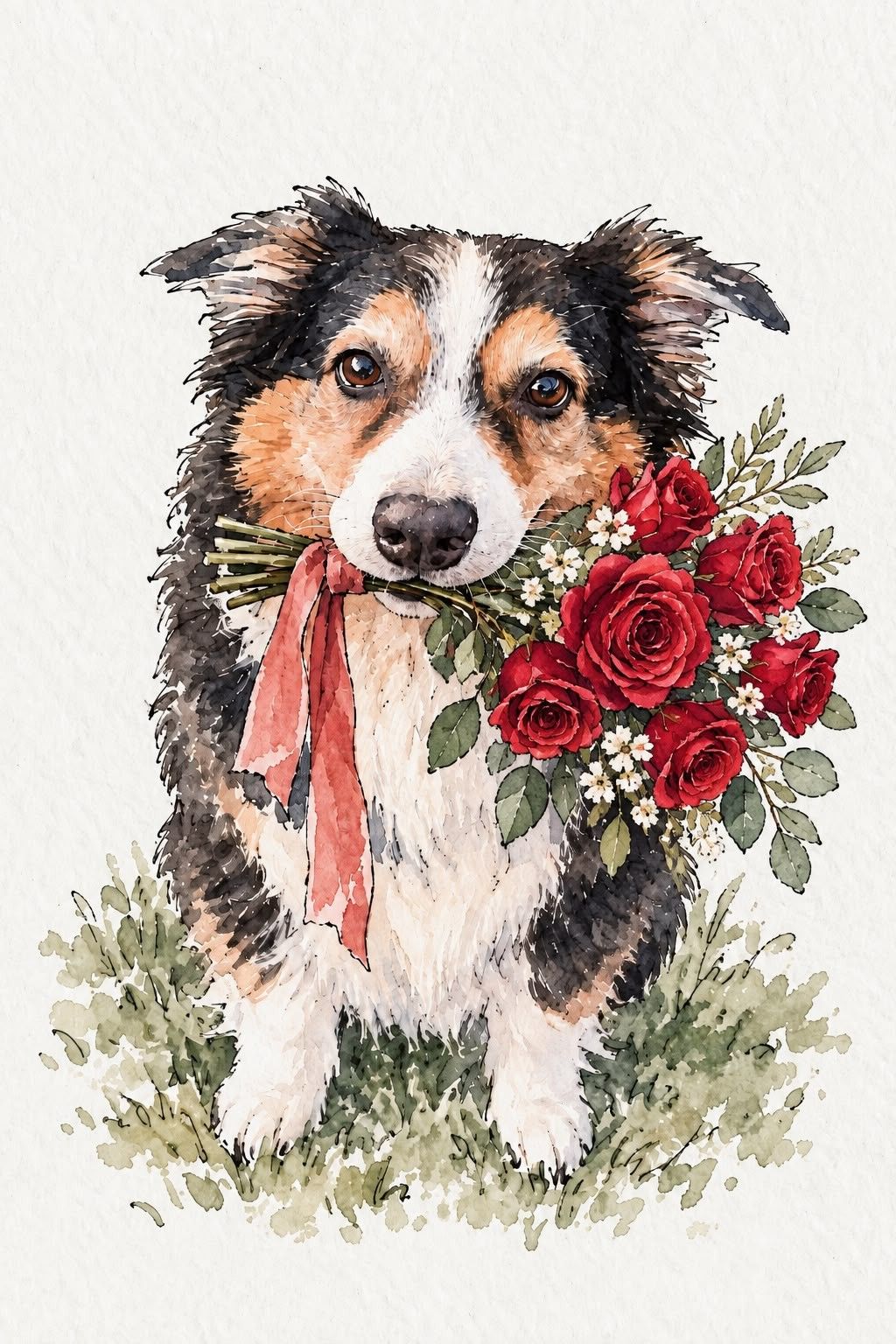 Ilustración en acuarela de nuestro perro con un ramo de rosas rojas